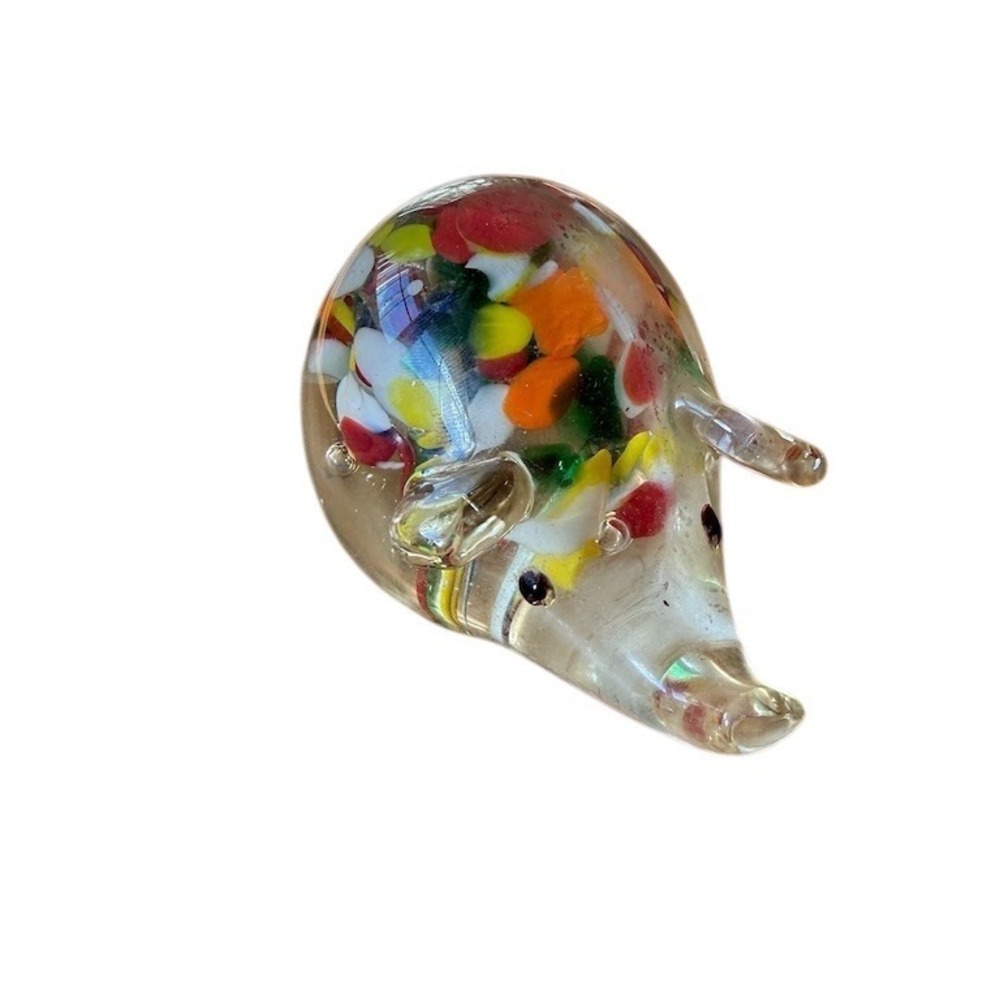 Vintage Stanley Art Glass Pig Figurine Paperweight Clear Confetti hand‎ blown